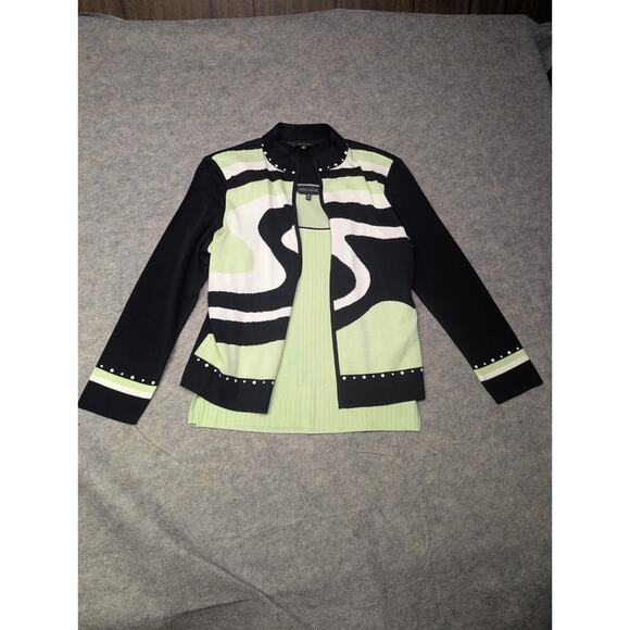 Ming Wang Green Black Pattern Tank And Open Cardigan Set Retro Preppy XS/PS - Picture 1 of 10